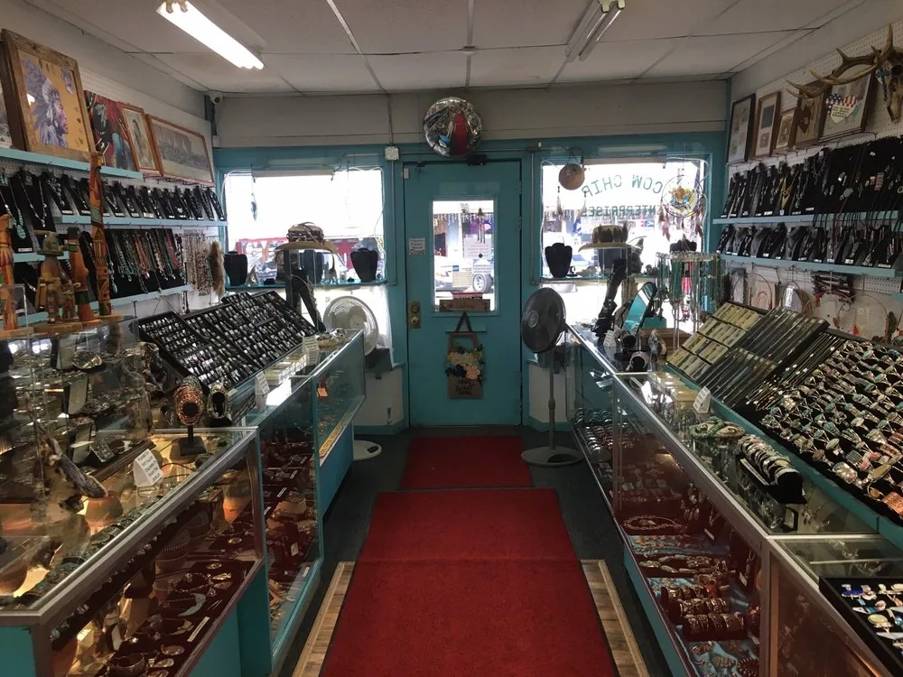 Storefront of the American Indian Store on Bandera's Main Street with turquoise jewellery in the window