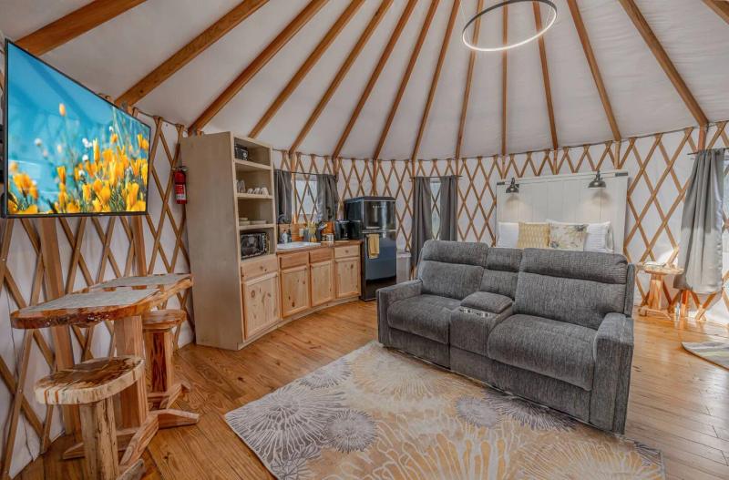 Canary Yurt — open living area with loveseat, kitchen, and colorful bird artwork.