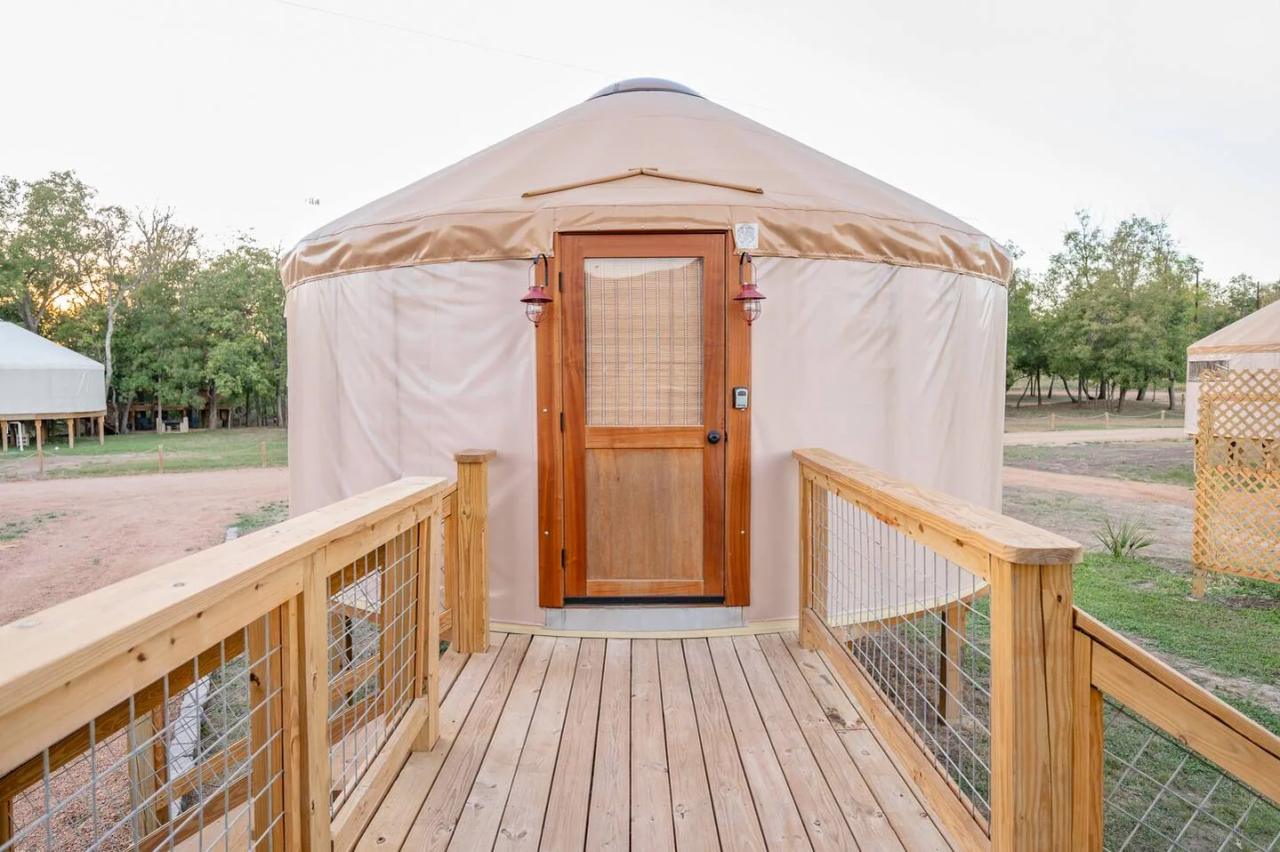 Canary Yurt — wooden entry walkway leading to the canvas yurt.