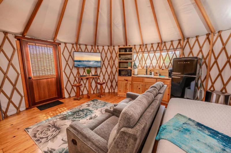Peacock Yurt — wide interior showing the sofa, kitchenette, and queen bed.